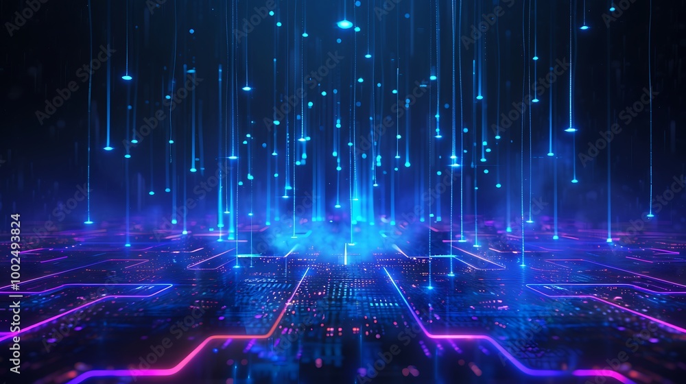 Poster futuristic digital background with glowing blue and pink lights and circuit patterns representing ad