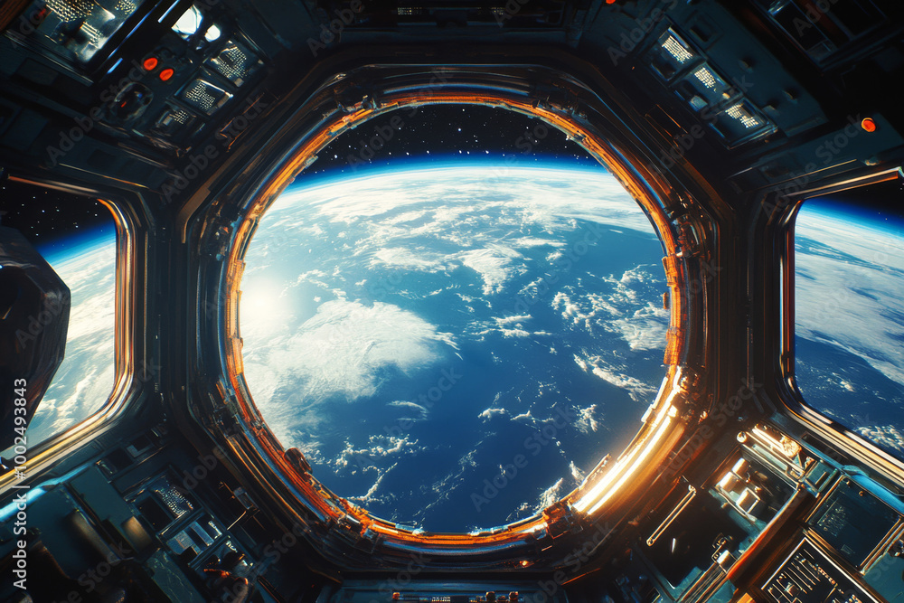 Wall mural view of earth planet from space station window with clouds and atmosphere against the backdrop of sp
