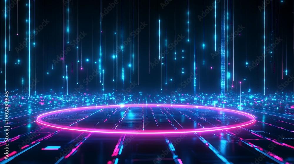 Poster futuristic digital background with glowing blue and pink lights in a grid pattern, ideal for tech-re