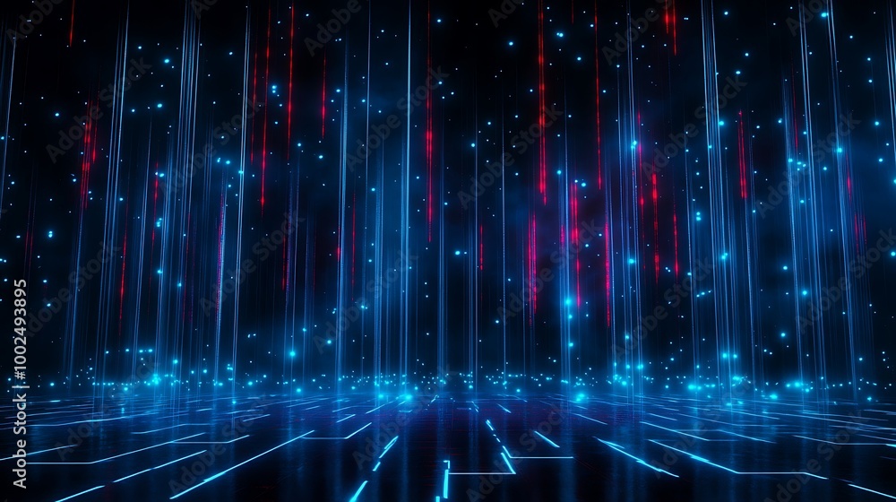 Poster futuristic digital background with glowing blue and red lines creating a vibrant abstract landscape.