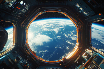 View of Earth planet from space station window with clouds and atmosphere against the backdrop of space