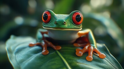 Fototapeta premium A frog on a green leaf in a close-up, with a red-eyed gaze