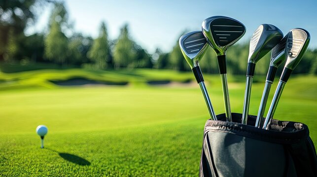 A set of shiny golf clubs standing in a golf bag on a manicured course, with a golf ball resting on a tee ready for the first swing.
