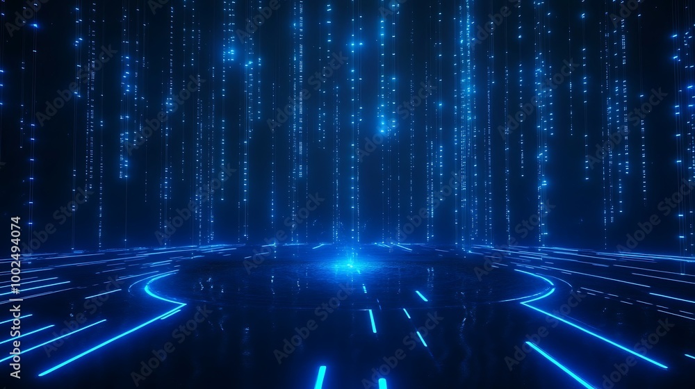 Poster futuristic digital background with glowing blue lines and dots creating a matrix-like effect.