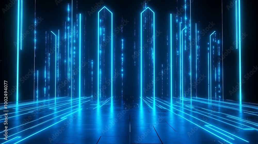 Poster futuristic digital background with glowing blue lines and geometric shapes creating an abstract envi
