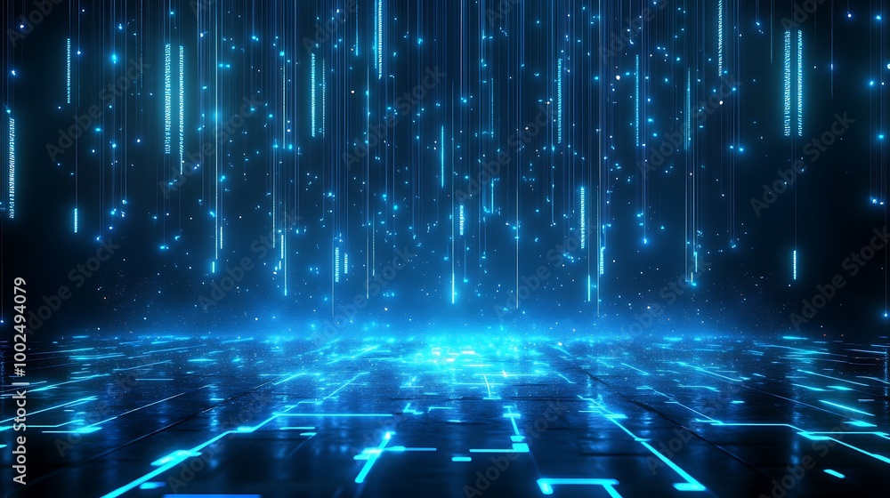 Poster futuristic digital background with glowing blue lines and dots, representing data flow and technolog