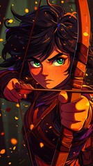 Young Woman Archer Aiming with Bow and Arrow