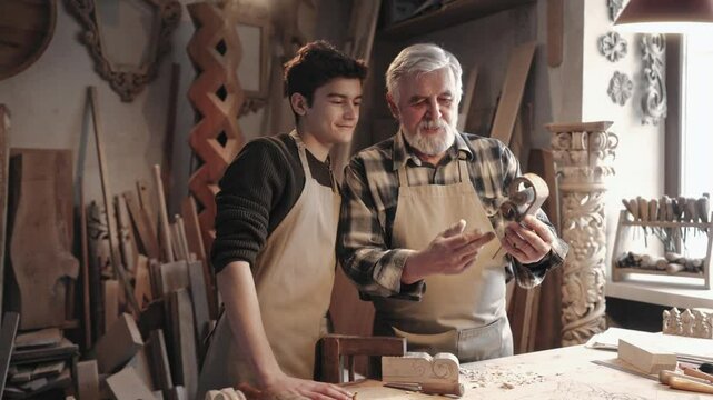 Older Caucasian carpenter standing next to young boy. Experienced man teaching his apprentice or new assistant. Showing what must be done by giving example to look at. Concept of learning.