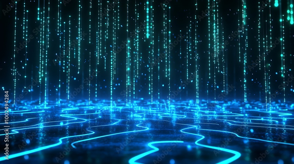 Poster futuristic digital background with glowing blue lines and particles in a dark space.