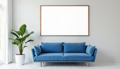 A modern living room with a white wall, a blue sofa, a wooden framed poster, a plant, a white floor, and a window. The poster is empty, providing a blank canvas for artwork or a decorative image.