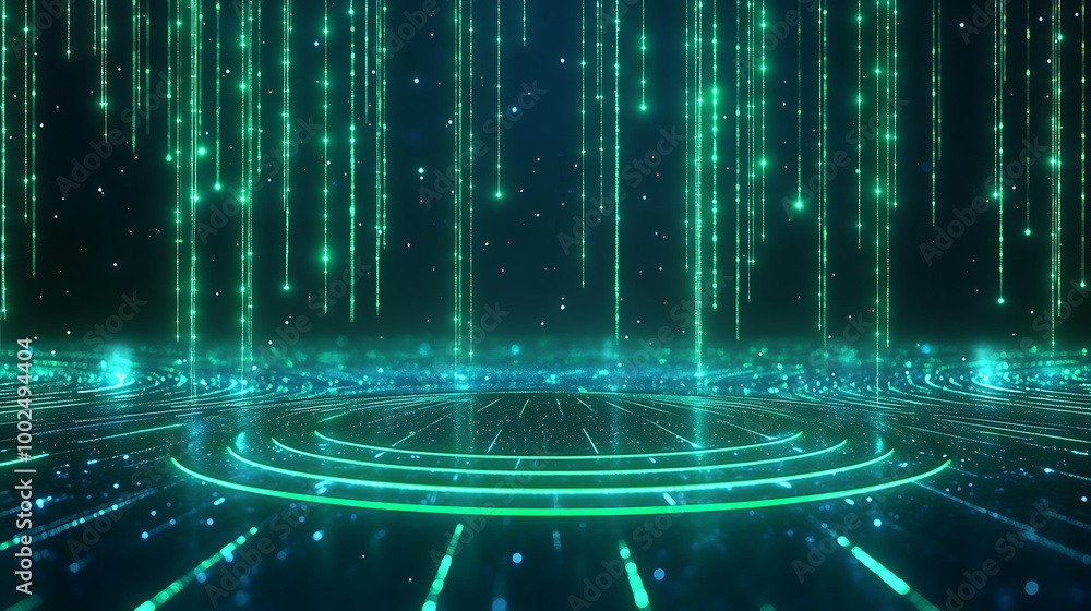Poster futuristic digital background with glowing green lines and circular platform, ideal for tech-themed 