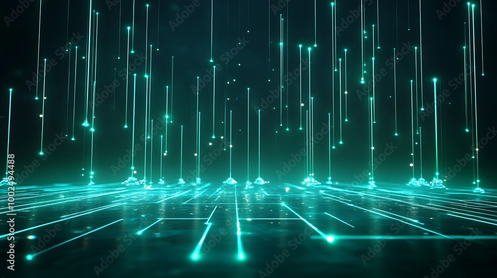 Poster futuristic digital background with glowing green lines and dots, creating a sense of depth and motio