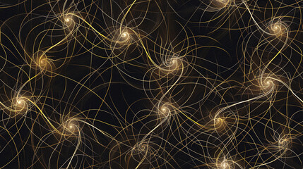 Obraz premium Seamless design of thin gold lines forming a complex spiral pattern with glowing lights inside, set against a dark background