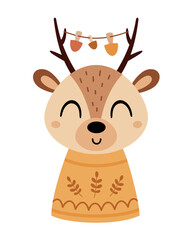 Forest deer clipart. Cute autumn animal character in cartoon style. Vector illustration	