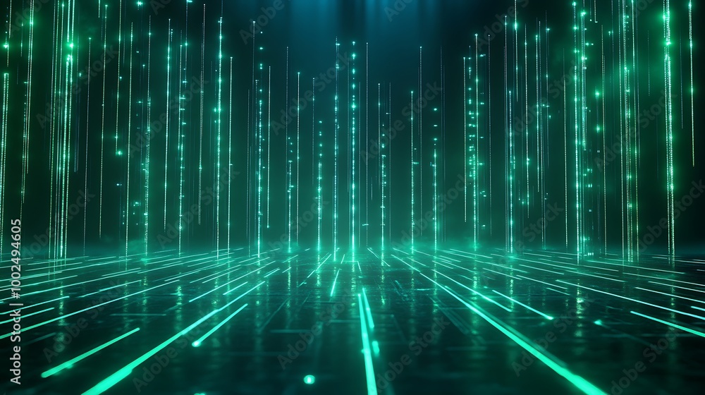 Poster futuristic digital background with glowing green lines and particles.