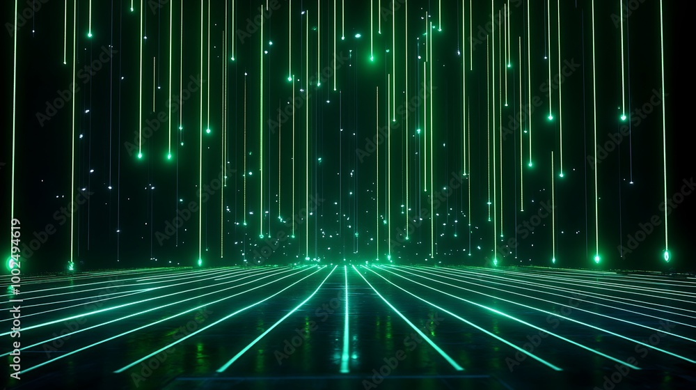 Poster futuristic digital background with glowing green lines and particles creating a dynamic atmosphere.