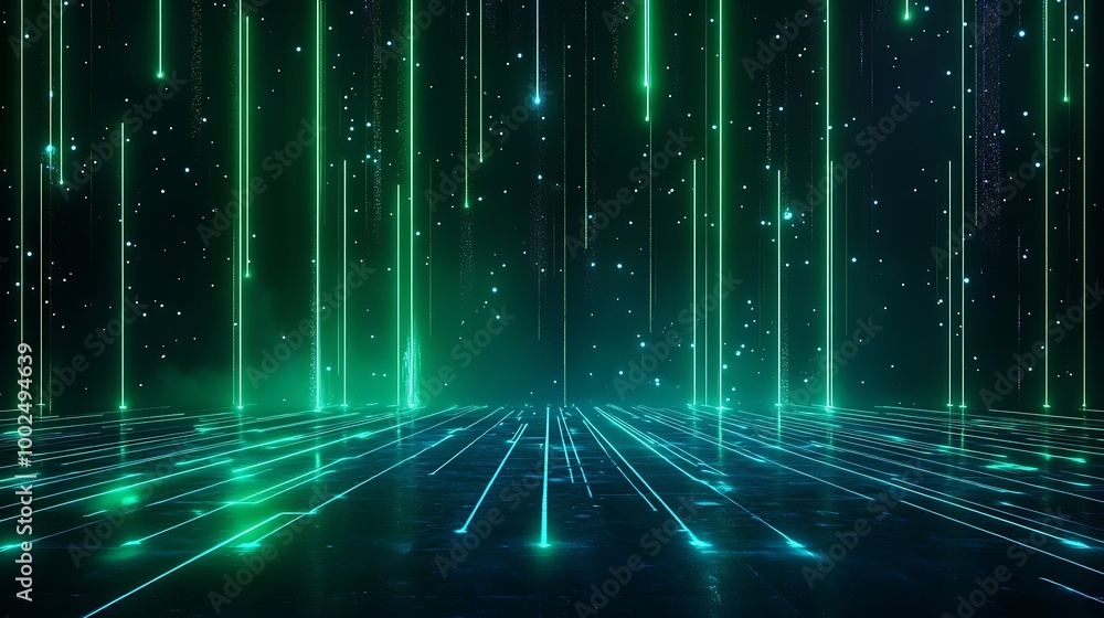 Poster futuristic digital background with glowing green lines and stars creating a stunning visual effect.