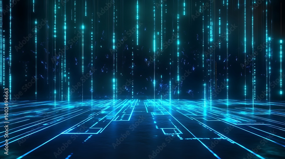 Poster futuristic digital background with glowing lines and data streams, creating a sense of limitless tec