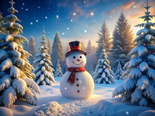 Obraz premium A joyful snowman stands amidst glimmering snowy trees, radiating warmth and cheer in a magical winter wonderland, where