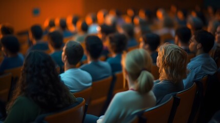 A group of people sitting in an auditorium, listening to someone giving their views on something