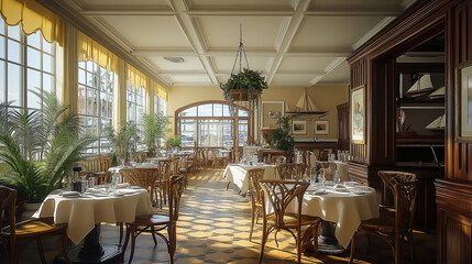 Fototapeta premium Seafood restaurant interior shop mockup door architecture furniture.