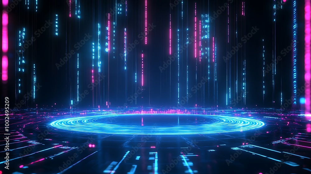 Poster futuristic digital background with glowing neon lines and circular patterns, perfect for sci-fi or t