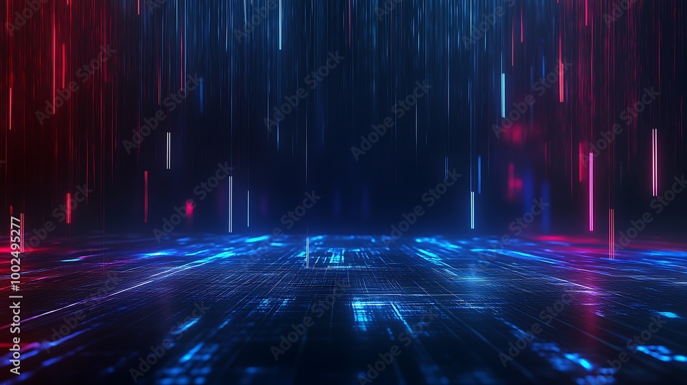 Poster futuristic digital background with glowing neon lines and patterns, ideal for tech-related projects.