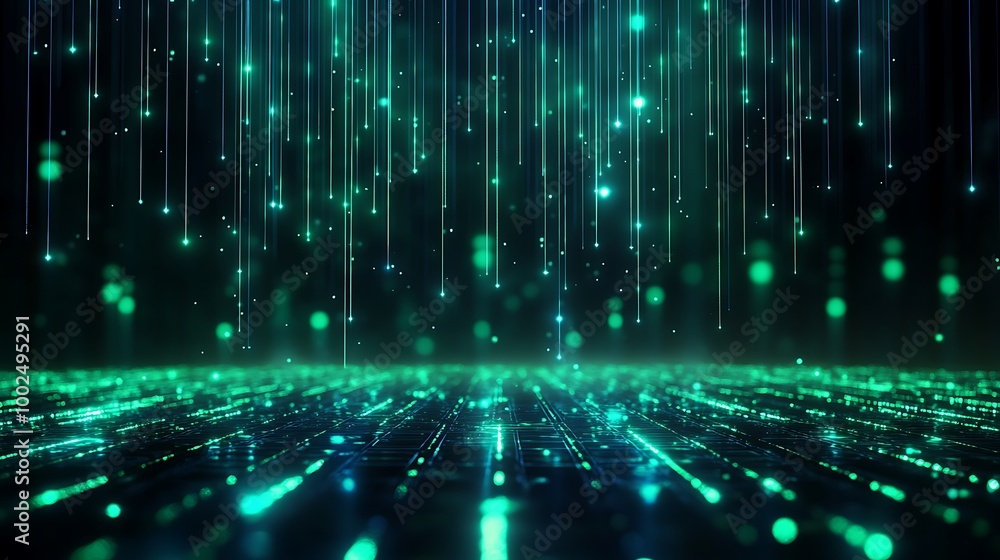 Poster futuristic digital background with glowing particles and lines creating a mesmerizing effect.