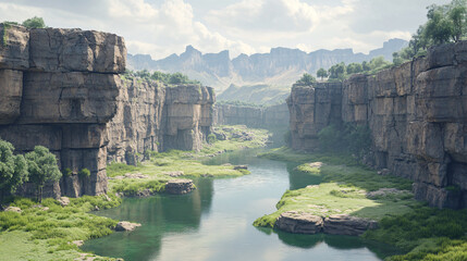 A river flows through a rocky canyon, with trees lining the banks. The water is calm and clear, reflecting the surrounding landscape. Concept of tranquility and natural beauty