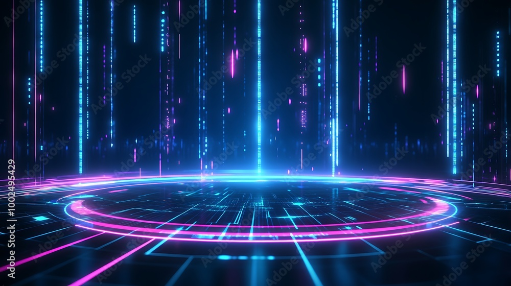 Aufkleber futuristic digital background with neon lights and circular patterns, ideal for presentations or tec