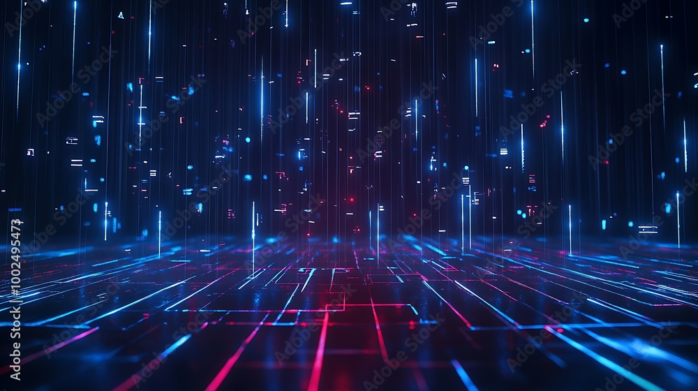 Poster Futuristic digital background with neon lights and grid pattern, perfect for tech and innovation themes.