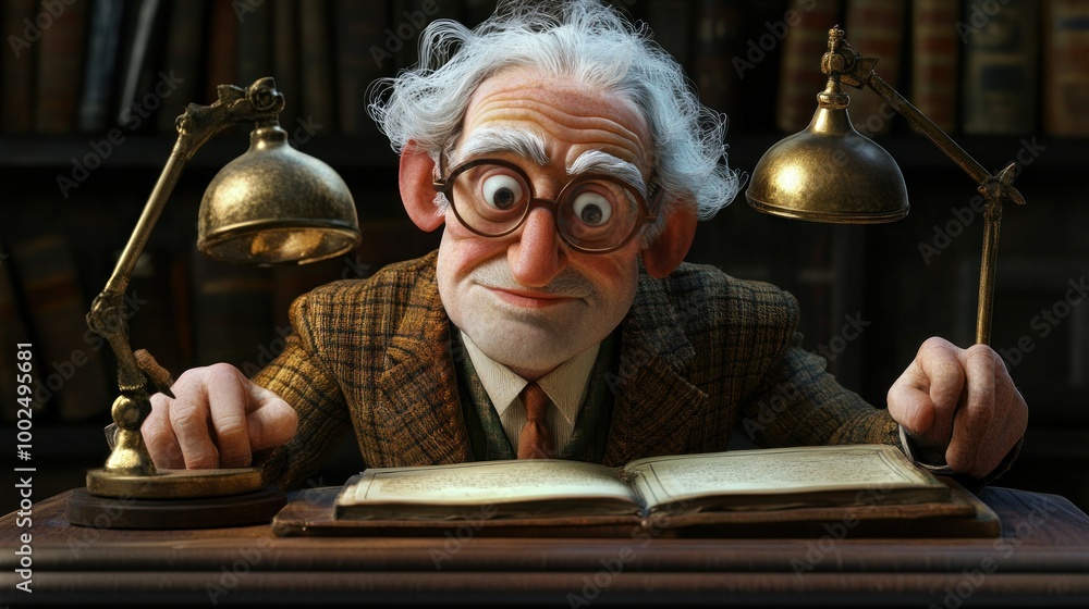 Poster An Elderly Man Reading a Book Under a Lamp in a Library