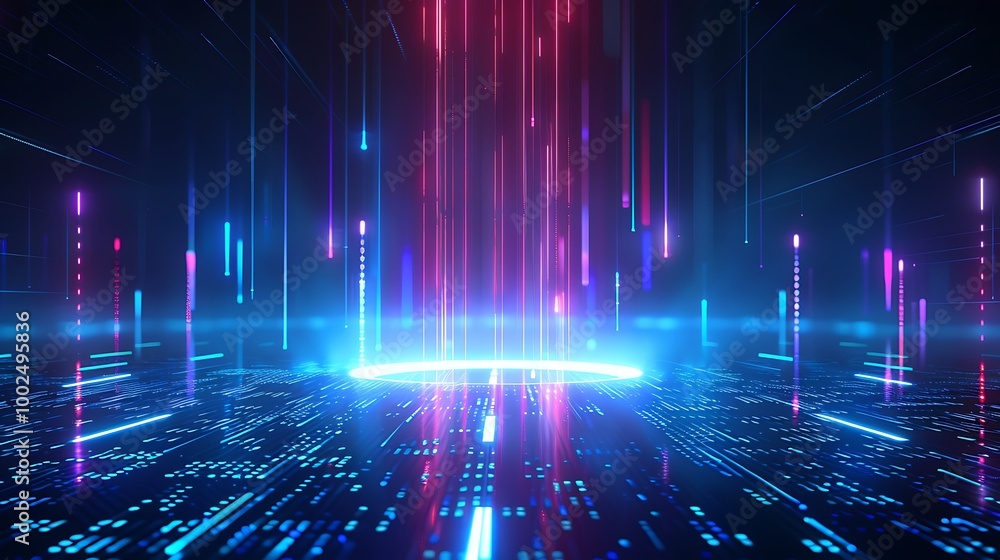 Poster futuristic digital background with vibrant laser beams and glowing data points creating a sense of i