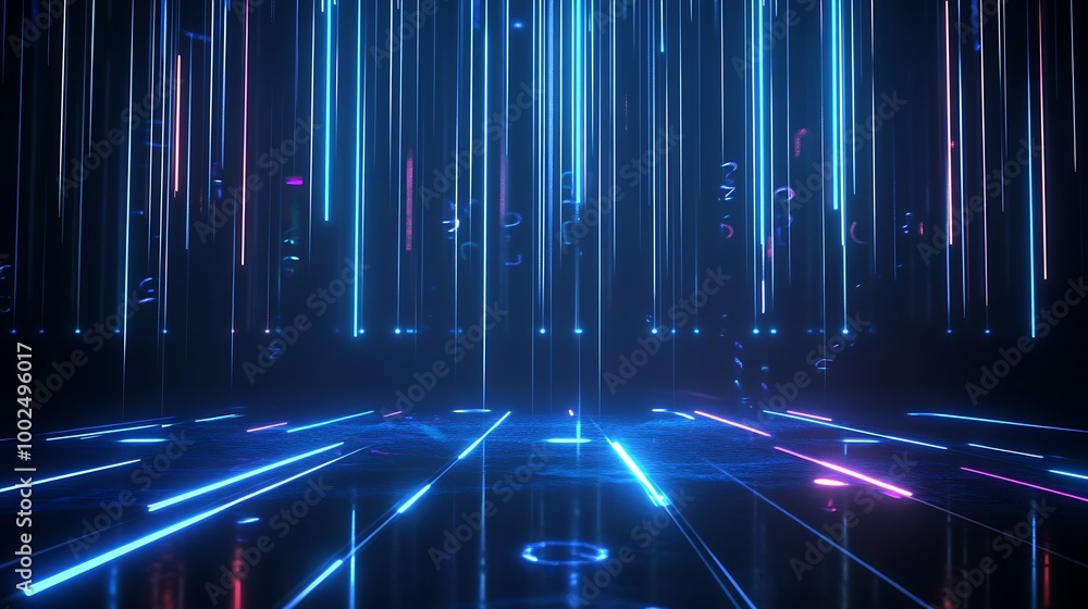 Poster futuristic digital background with vibrant neon lights and abstract patterns on the floor.