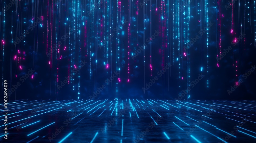 Poster futuristic digital background with vibrant neon lights and binary patterns creating a tech-inspired 