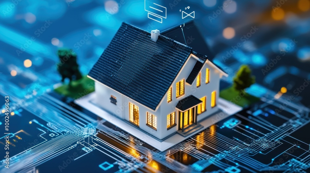 Poster miniature house on a circuit board with smart home icons
