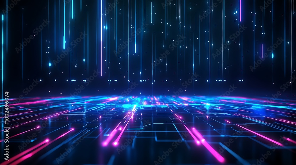 Poster futuristic digital background with vibrant neon lines in blue and pink, creating a mesmerizing visua