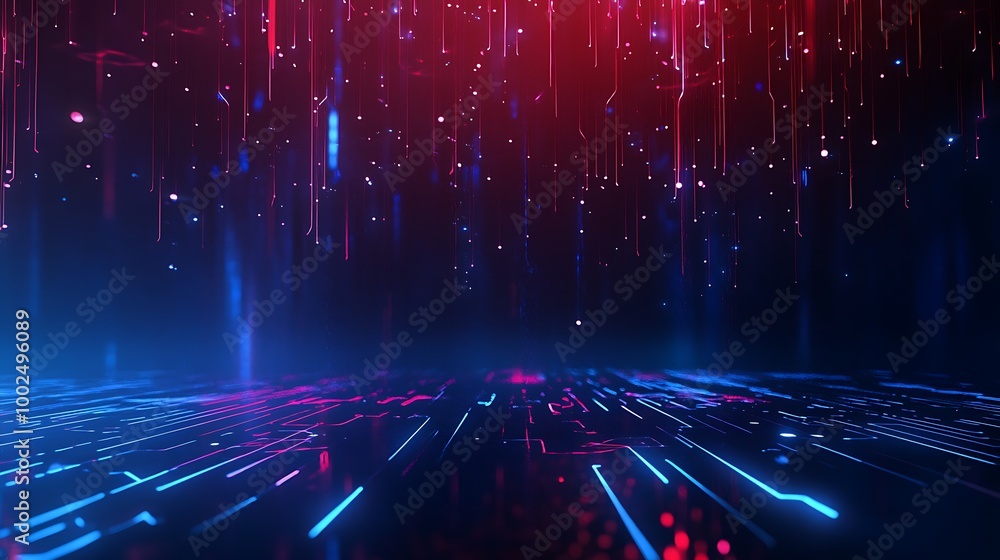 Poster futuristic digital background with vibrant red and blue lights creating a mesmerizing effect.