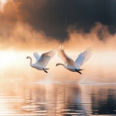 Swans in Morning Mist.