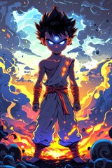 Powerful Anime Character with Glowing Eyes Standing in a Fiery Landscape