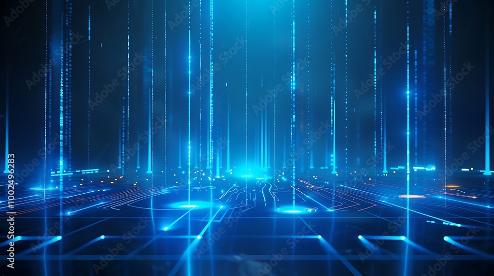 Poster futuristic digital data flow with glowing blue lines and particles, creating an immersive tech envir