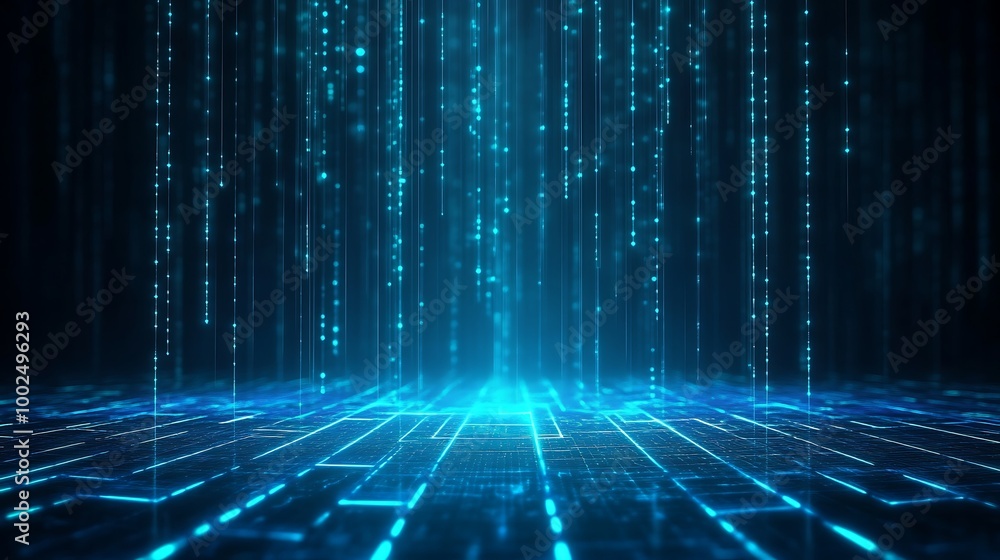 Poster futuristic digital data stream with glowing blue lines and matrices on a dark background.
