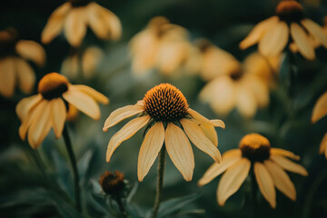 Bright yellow flowers blooming in a lush garden during a warm afternoon in springtime