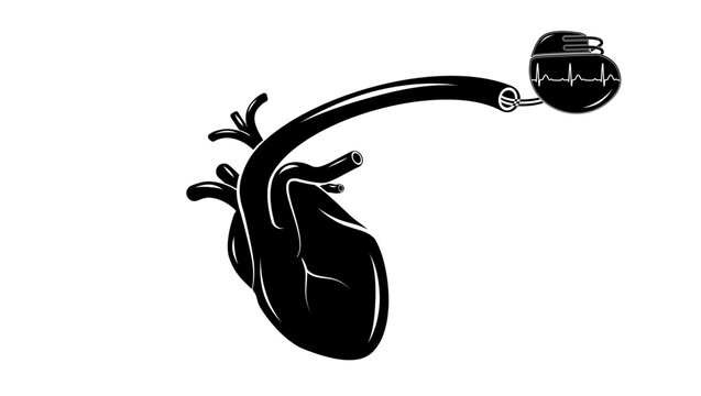 An artificial cardiac pacemaker implanted in the heart, black is