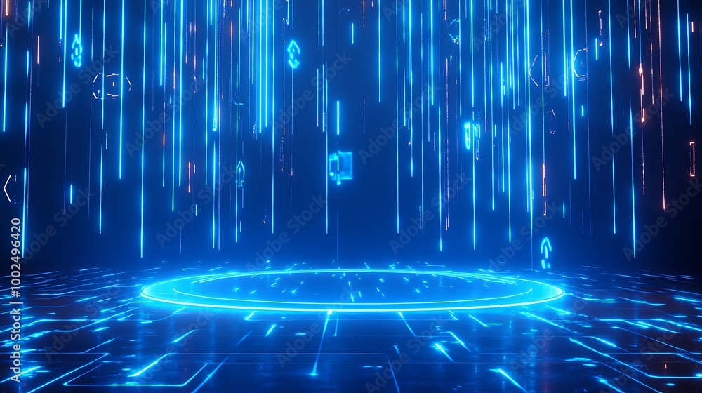 Poster futuristic digital environment with glowing blue lights and data streams, suitable for sci-fi themes