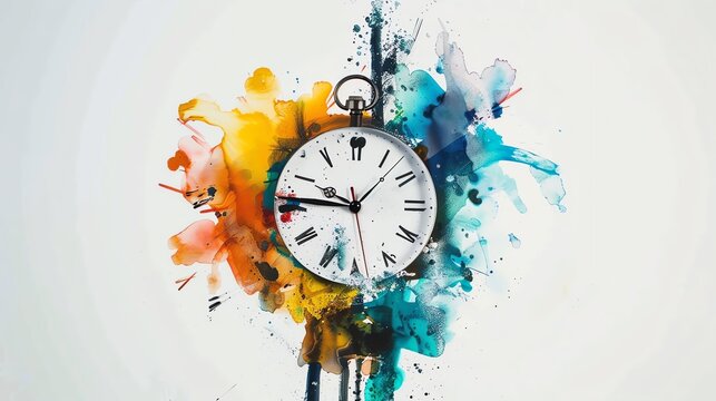 A clock surrounded by abstract watercolor splatters.