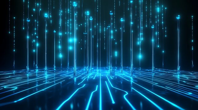 Futuristic digital environment with glowing blue lines and binary code patterns creating an immersive tech landscape.
