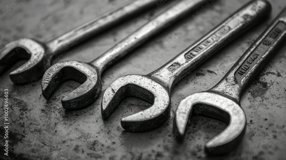 Aufkleber close-up of four worn wrenches on a rough surface