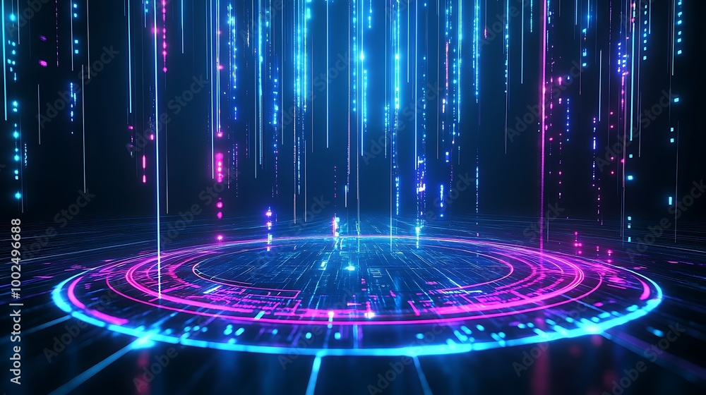 Poster futuristic digital environment with glowing neon lights and holographic elements, creating a mesmeri