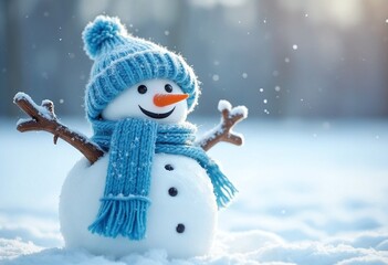A snowman with a blue hat and scarf is smiling